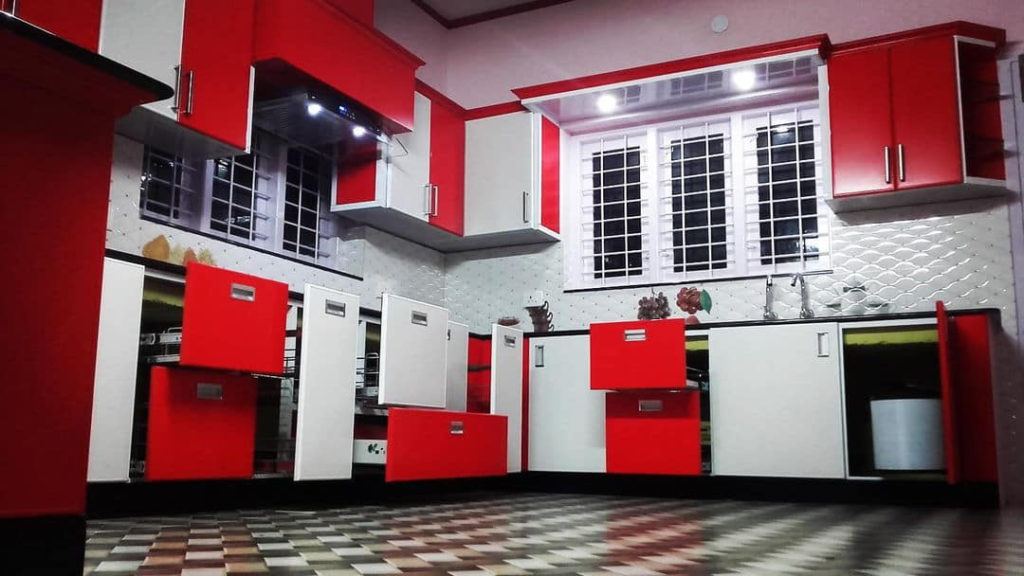 red and white color kitchen cabinets